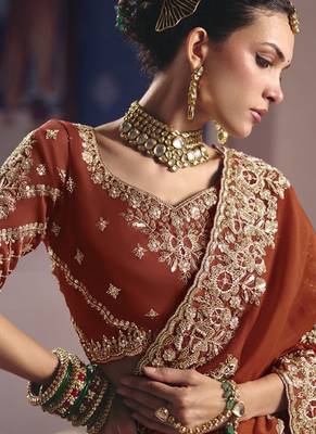 rust viscose zari tissue heavy embroidery designer saree 5