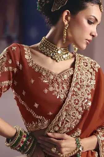 rust viscose zari tissue heavy embroidery designer saree