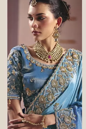 shaded sky blue tissue heavy embroidery designer saree