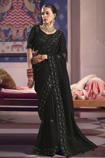 black tissue heavy embroidery designer saree