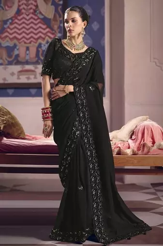 black tissue heavy embroidery designer saree