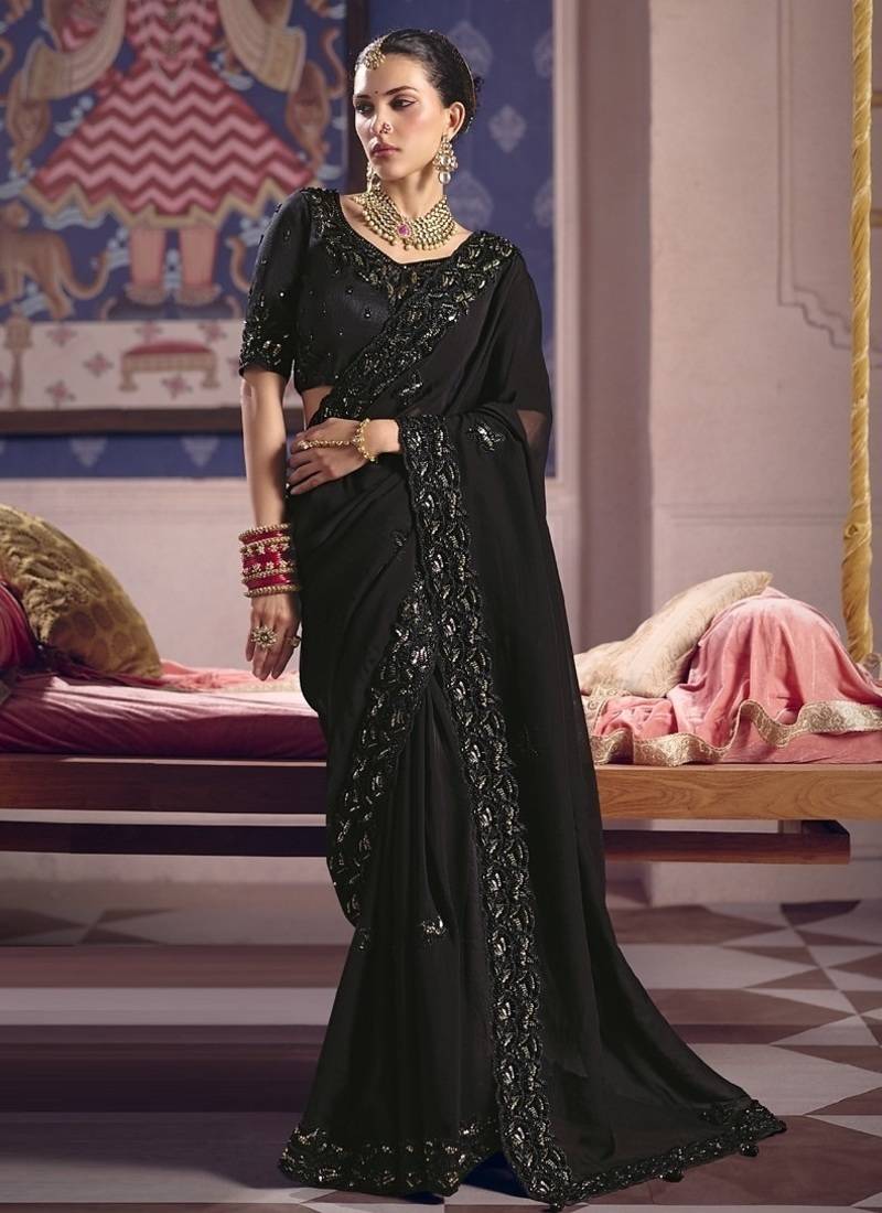 black tissue heavy embroidery designer saree