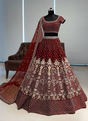 maroon taffeta silk embroidered wedding lehenga choli 3