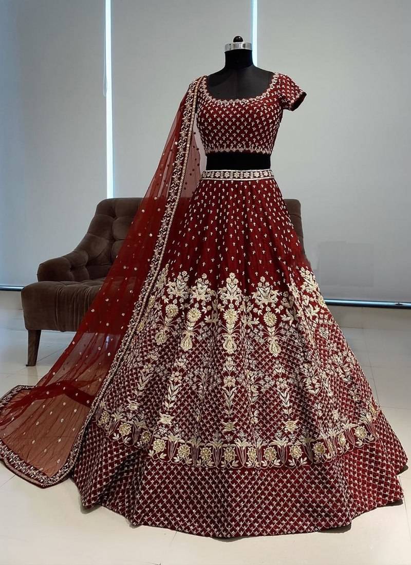 maroon taffeta silk embroidered wedding lehenga choli