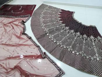 maroon taffeta silk embroidered wedding lehenga choli 4