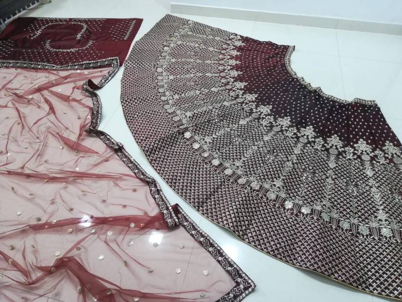 maroon taffeta silk embroidered wedding lehenga choli