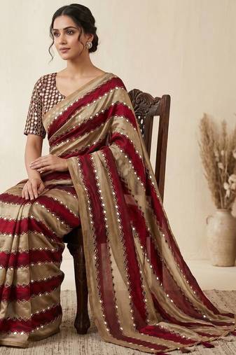 Maroon Color Hand Aari Work With Real Handwork Gold Mirror Work Silk Blend Saree