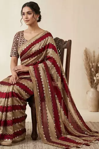 Maroon Color Hand Aari Work With Real Handwork Gold Mirror Work Silk Blend Saree