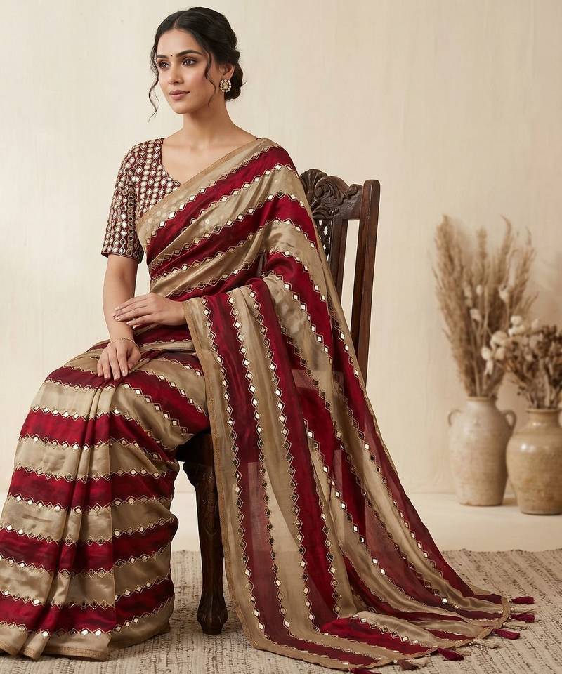 Maroon Color Hand Aari Work With Real Handwork Gold Mirror Work Silk Blend Saree