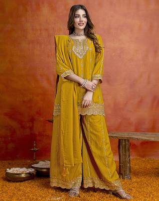 Mustard silk blend beads embroidery sequence work kurta palazzo dupatta set 1