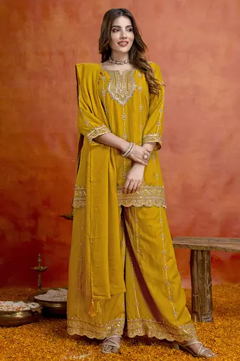 Mustard silk blend beads embroidery sequence work kurta palazzo dupatta set