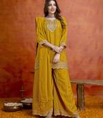 Mustard silk blend beads embroidery sequence work kurta palazzo dupatta set