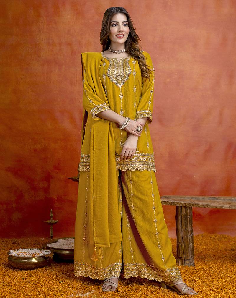 Mustard silk blend beads embroidery sequence work kurta palazzo dupatta set
