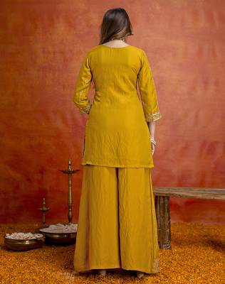 Mustard silk blend beads embroidery sequence work kurta palazzo dupatta set 2