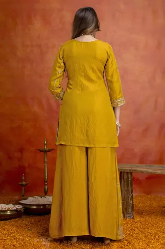 Mustard silk blend beads embroidery sequence work kurta palazzo dupatta set