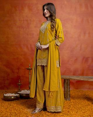 Mustard silk blend beads embroidery sequence work kurta palazzo dupatta set 3