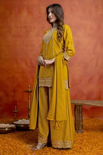 Mustard silk blend beads embroidery sequence work kurta palazzo dupatta set