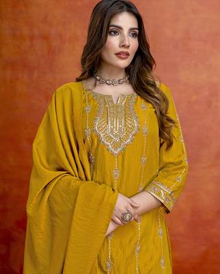 Mustard silk blend beads embroidery sequence work kurta palazzo dupatta set 4