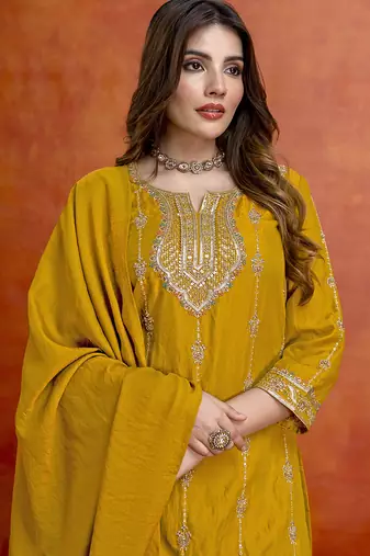 Mustard silk blend beads embroidery sequence work kurta palazzo dupatta set