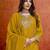 Mustard silk blend beads embroidery sequence work kurta palazzo dupatta set