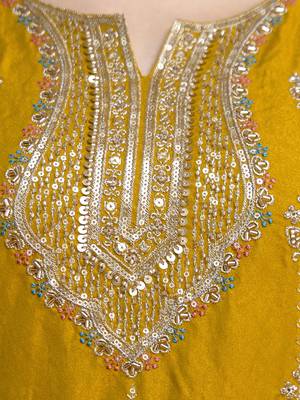 Mustard silk blend beads embroidery sequence work kurta palazzo dupatta set 5