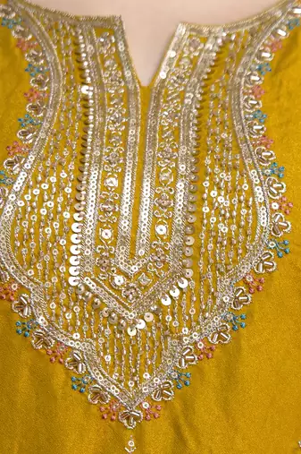 Mustard silk blend beads embroidery sequence work kurta palazzo dupatta set
