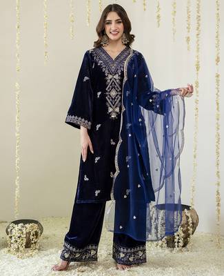 Navyblue velevt embroidery sequence work kurta pant dupatta set 1