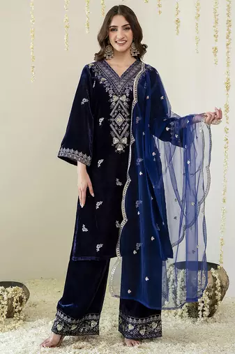 Navyblue velevt embroidery sequence work kurta pant dupatta set