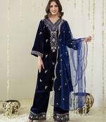 Navyblue velevt embroidery sequence work kurta pant dupatta set