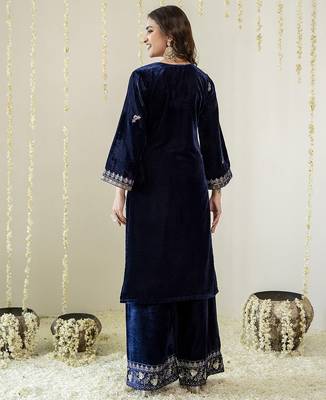 Navyblue velevt embroidery sequence work kurta pant dupatta set 2