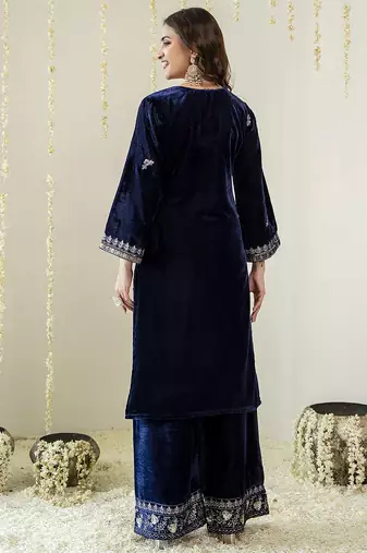 Navyblue velevt embroidery sequence work kurta pant dupatta set