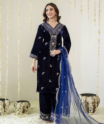 Navyblue velevt embroidery sequence work kurta pant dupatta set 3