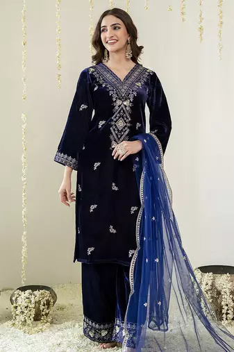 Navyblue velevt embroidery sequence work kurta pant dupatta set