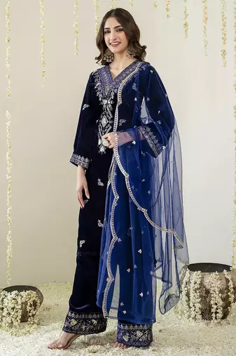 Navyblue velevt embroidery sequence work kurta pant dupatta set