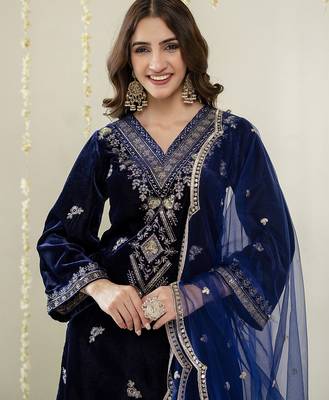Navyblue velevt embroidery sequence work kurta pant dupatta set 5