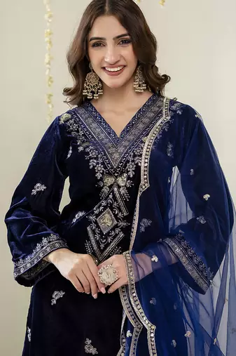 Navyblue velevt embroidery sequence work kurta pant dupatta set