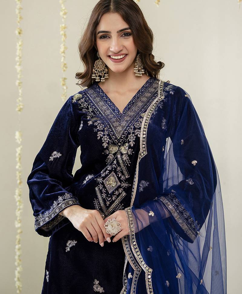 Navyblue velevt embroidery sequence work kurta pant dupatta set