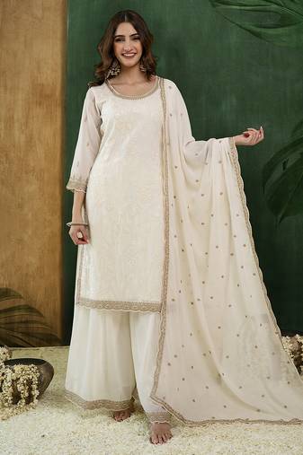 Offwhite art silk embroidery sequence work kurta palazzo dupatta set