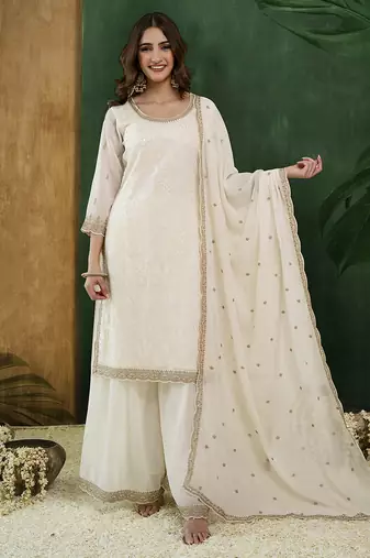 Offwhite art silk embroidery sequence work kurta palazzo dupatta set