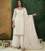 Offwhite art silk embroidery sequence work kurta palazzo dupatta set