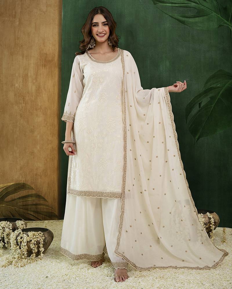 Offwhite art silk embroidery sequence work kurta palazzo dupatta set