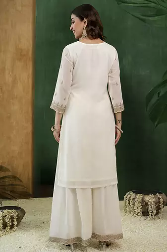 Offwhite art silk embroidery sequence work kurta palazzo dupatta set