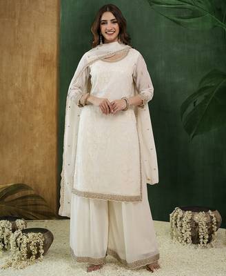 Offwhite art silk embroidery sequence work kurta palazzo dupatta set 3