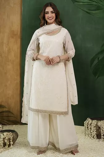 Offwhite art silk embroidery sequence work kurta palazzo dupatta set