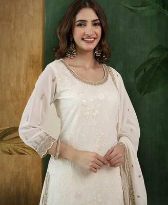 Offwhite art silk embroidery sequence work kurta palazzo dupatta set 4