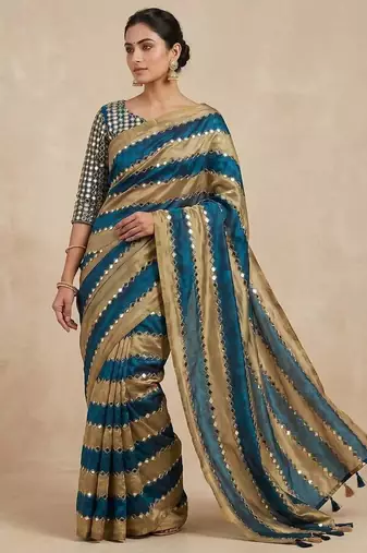 Blue Color Hand Aari Work With Real Handwork Gold Mirror Work Silk Blend Saree