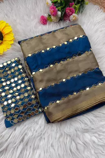Blue Color Hand Aari Work With Real Handwork Gold Mirror Work Silk Blend Saree