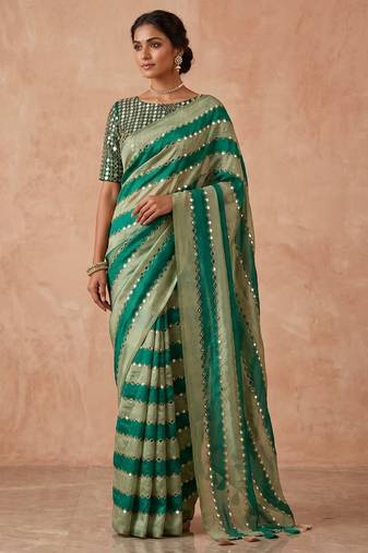 Green Color Hand Aari Work With Real Handwork Gold Mirror Work Silk Blend Saree