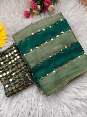 Green Color Hand Aari Work With Real Handwork Gold Mirror Work Silk Blend Saree 6