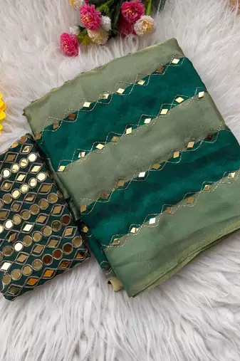 Green Color Hand Aari Work With Real Handwork Gold Mirror Work Silk Blend Saree
